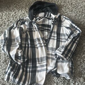 Plaid Hooded Jacket - Black and White